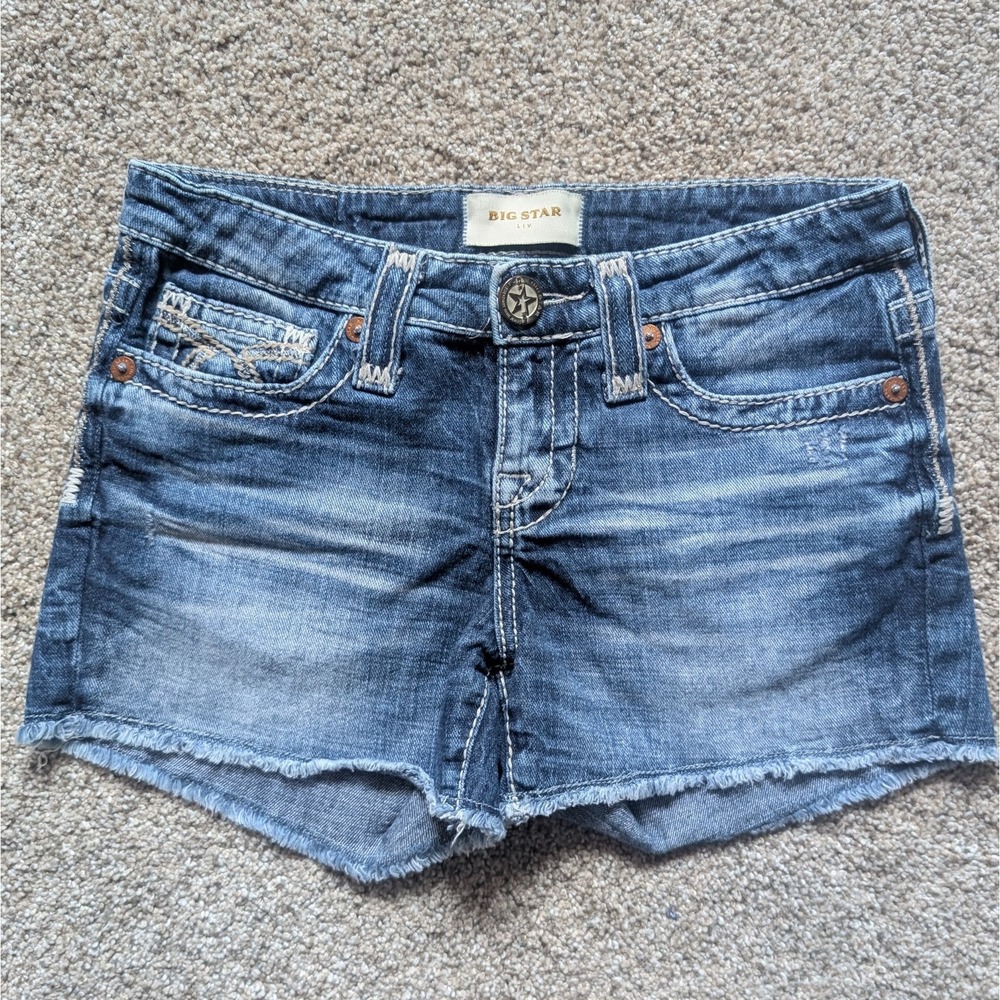 Big Star Womens 24 Liv Denim Short Raw Hem Y2K Grunge Western Low Rise